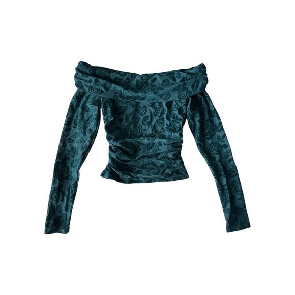 Wild Fable Green Velvet Floral Flocked Off Shoulder Long Sleeve Ruched Top Small - Picture 2 of 8